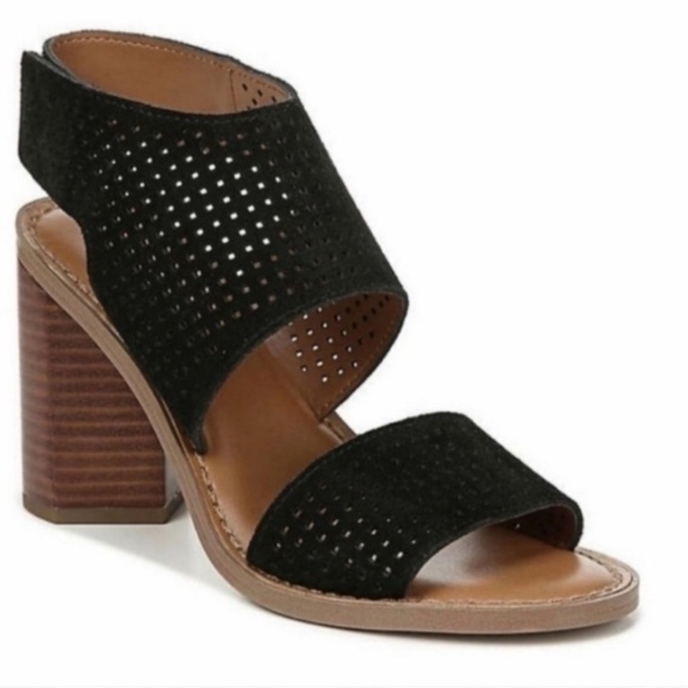 Franco Sarto 10 Delores sandal heel laser cut suede straps block heel open‎ toe